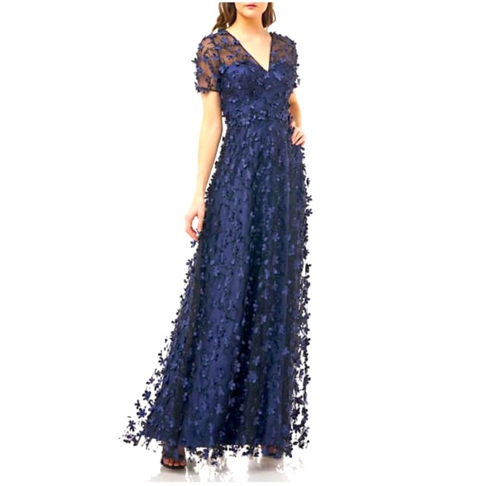 Carmen Marc Valvo V-Neck 3-D Fleurette Gown